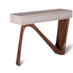 angled view of sculptural wood console table Aviva by Amorph