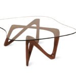 modern sculptural solid wood coffee table from angled perspective