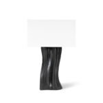 custom shade detail of sculptural solid wood table lamp