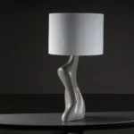 custom shade detail of sculptural solid wood table lamp