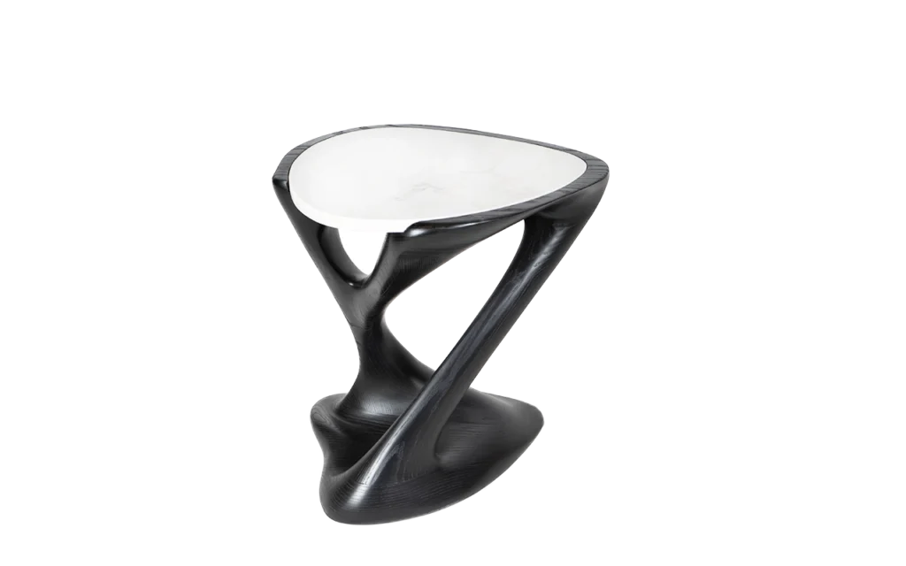 sculptural solid wood side table Amy with stone top by Amorph