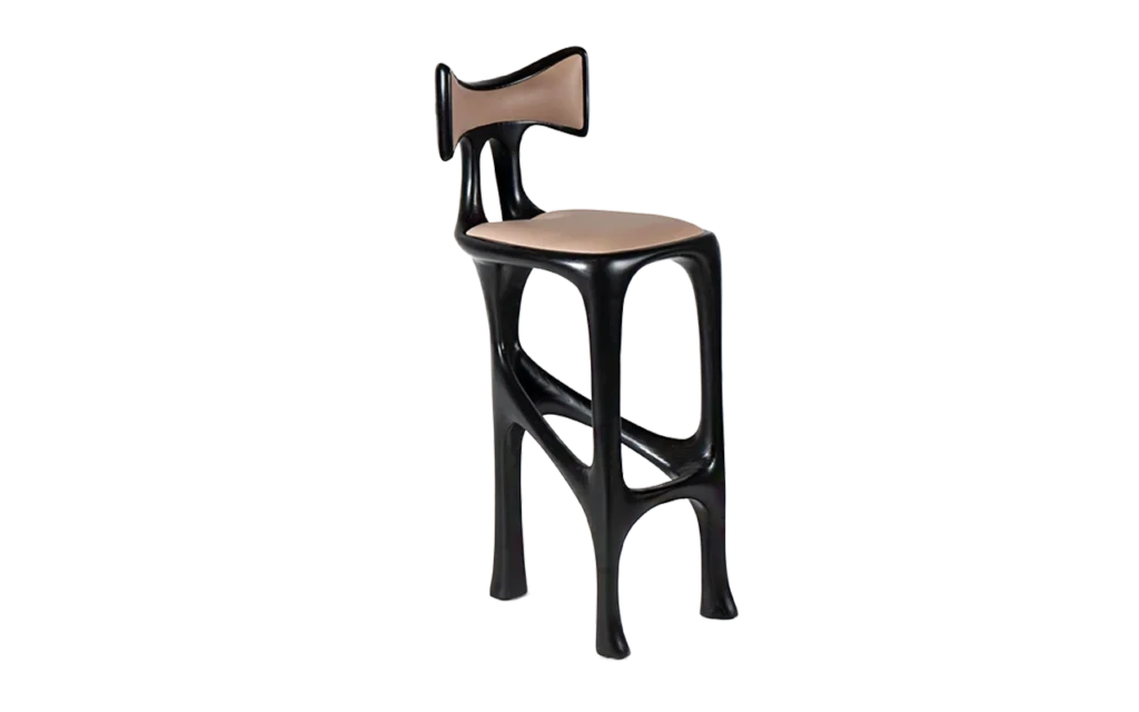 sculptural wood bar stool side view Tripa by Amorph